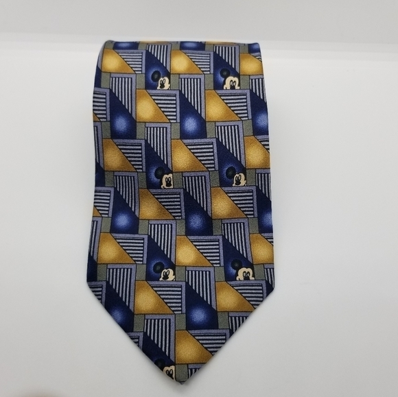 Walt Disney World blue tan gray Mickey Mouse geometric silk tie - Picture 1 of 4